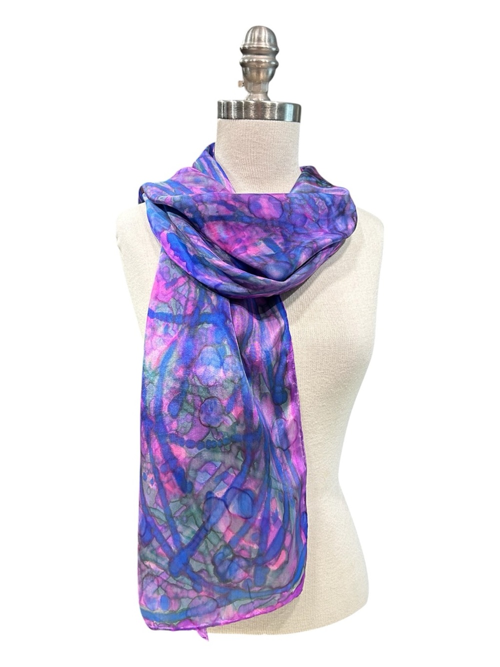 Hand Painted Blue, Fuchsia, Green Silk Scarf NWT